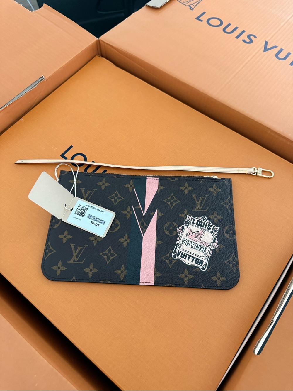 Louis Vuitton Brown Monogram Wristlet with Pink Stripe and Patch